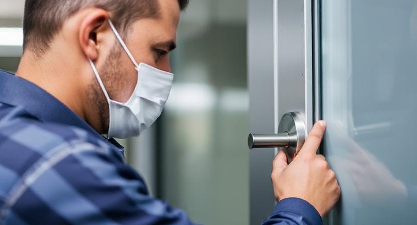 Technician working on the handle of a commercial entry door