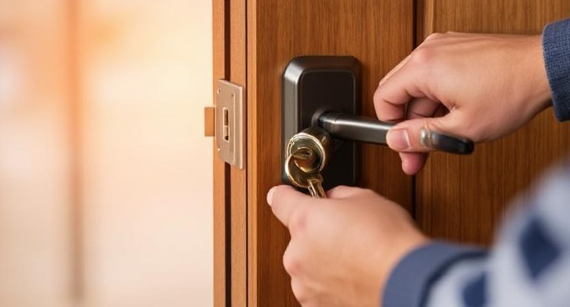 Locksmith installing a lock on a wooden front door
