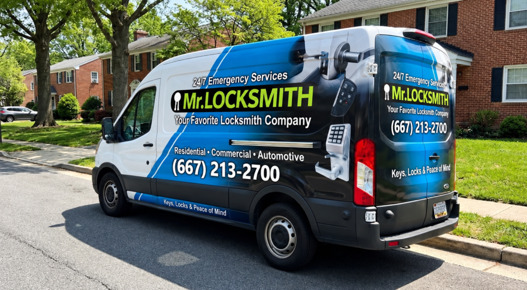 Mr. Locksmith mobile service van parked on a residential street